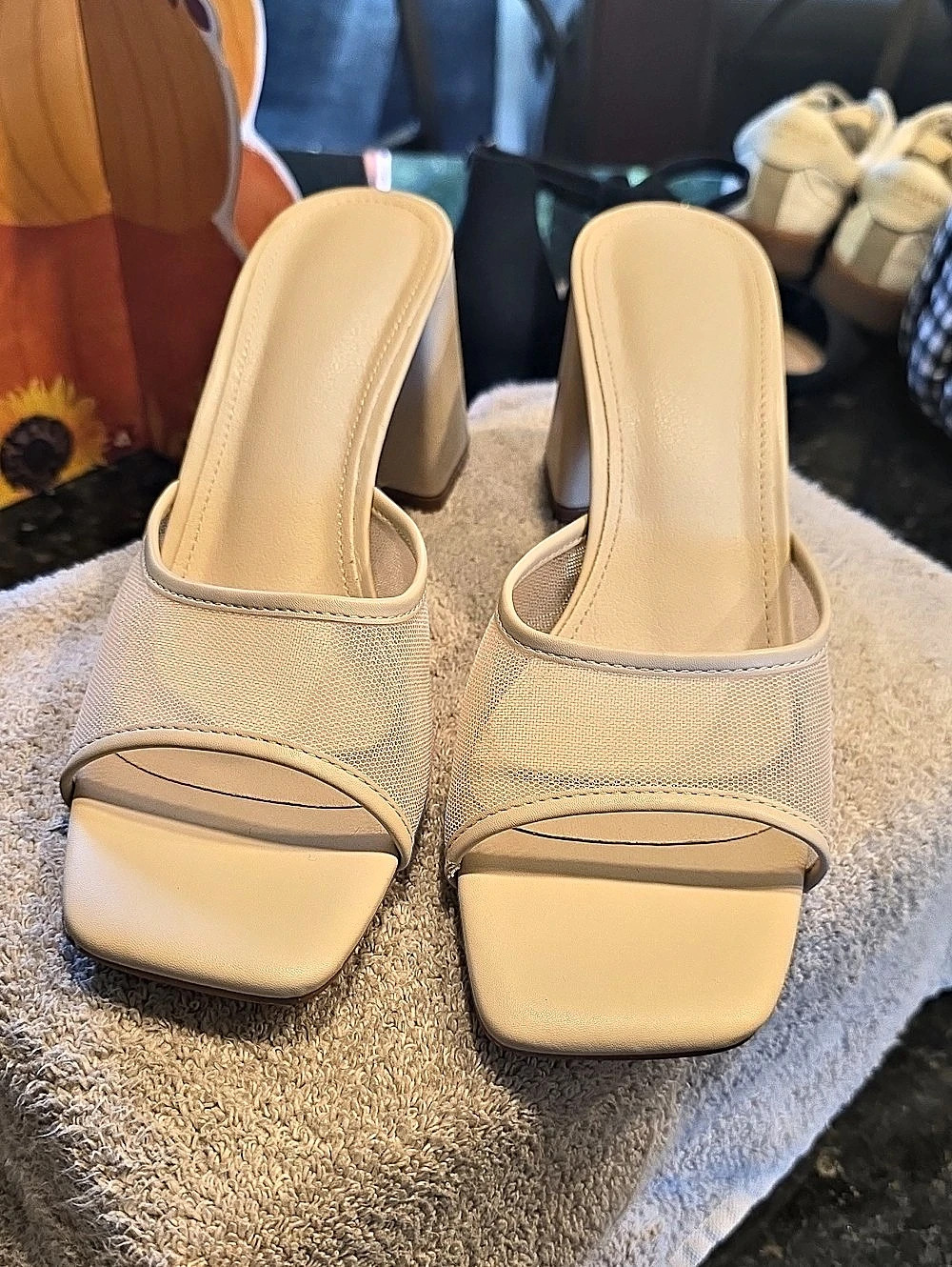 Beige Square Toe Block Heel Mules Like New